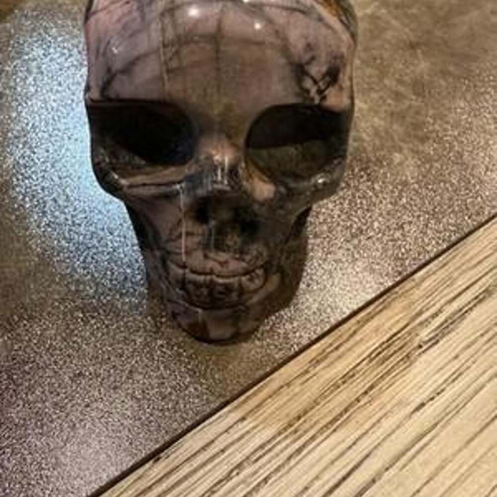Natural Pink & Black Rhodonite Carved Crystal Skull 433g